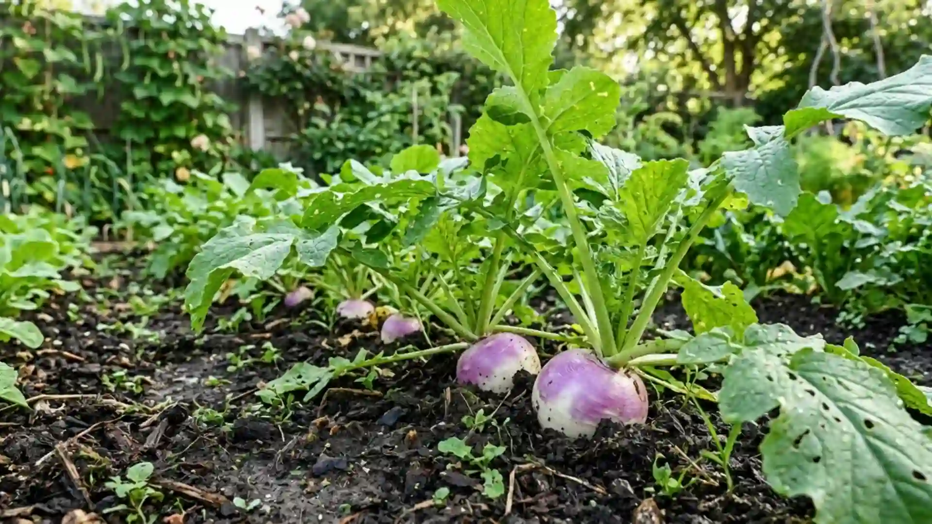 purple turnip root and stem growing in a home garden bed, photographed in natural daylight