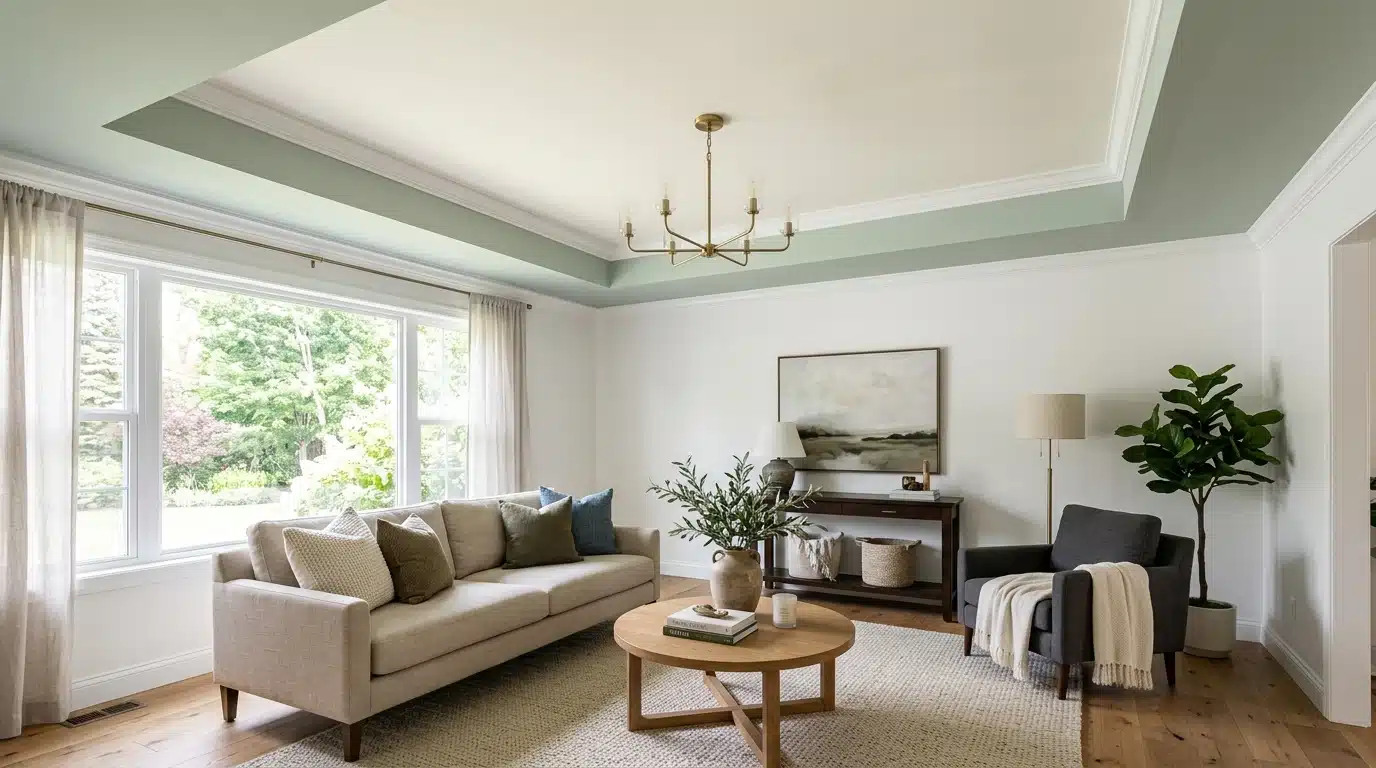 living room with a sofa, dark armchair, round wooden coffee table, large windows, plants, and framed artwork