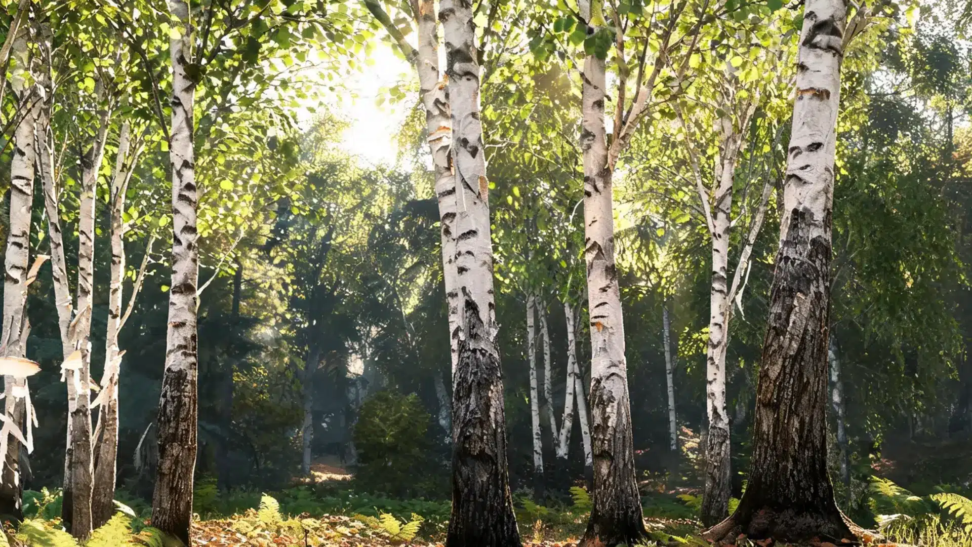cluster of tall white birch trunks with peeling bark standing close together in a bright sunlit forest grove clearing