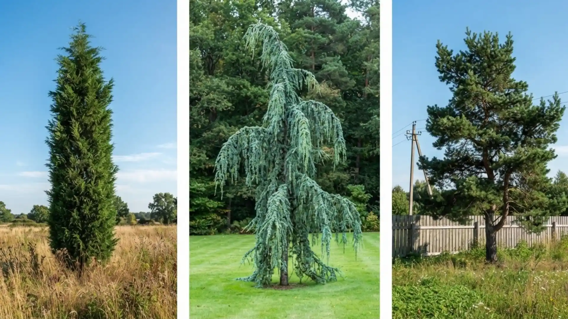 three different cypress tree forms showing narrow upright, weeping, and broad mature growth habits
