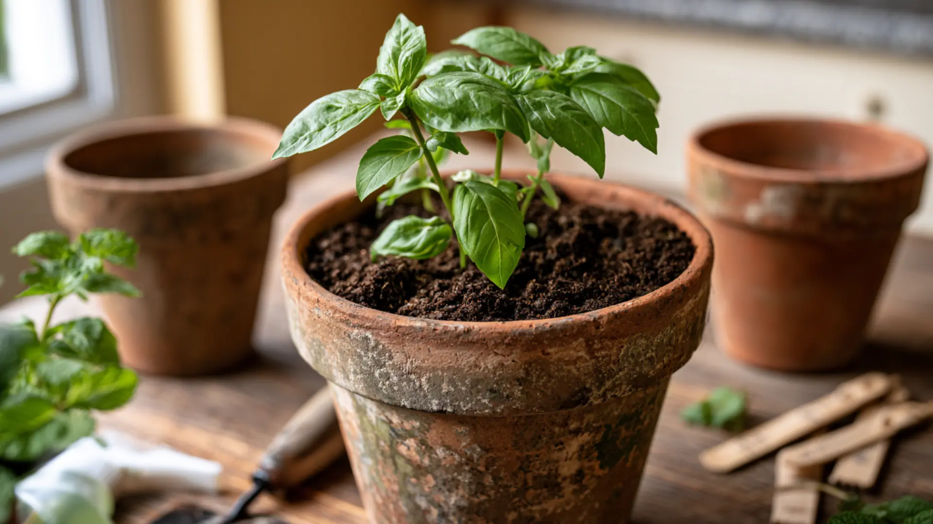 basil seedling in terracotta pot near sunny window for indoor light