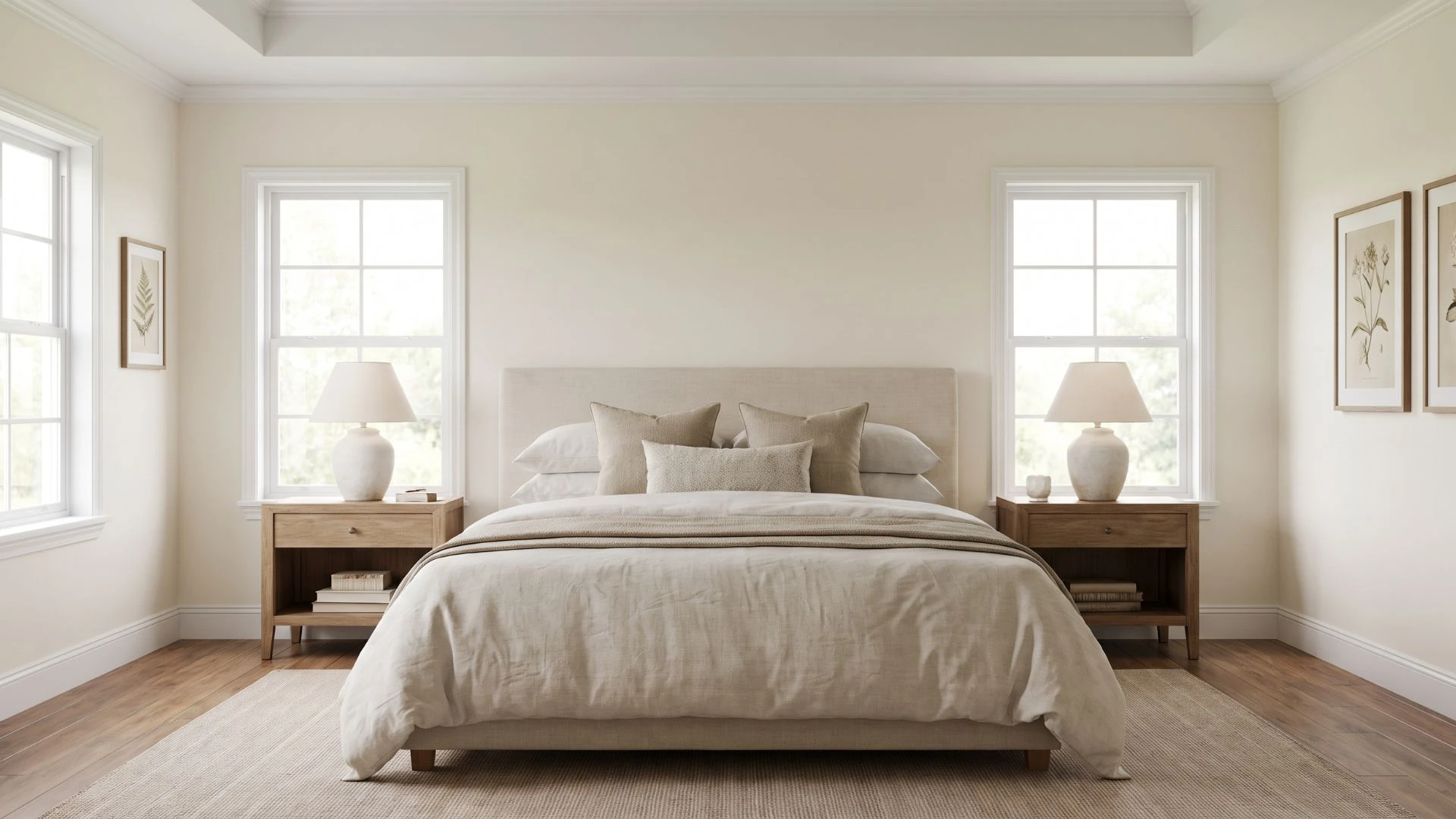 balanced bedroom with matching wooden nightstands and table lamps positioned on both sides of the bed