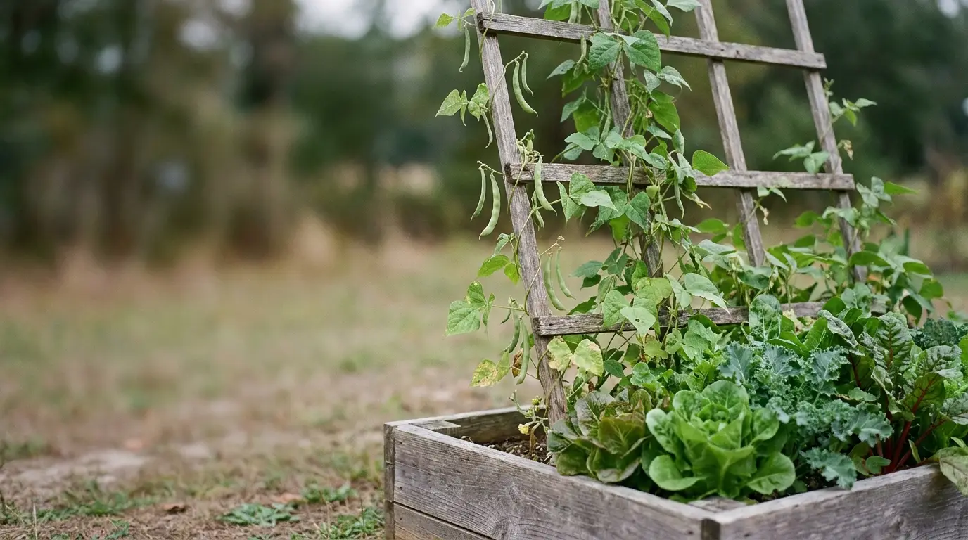 Wooden planter box with green vegetables and climbing vines outdoors in a garden setting