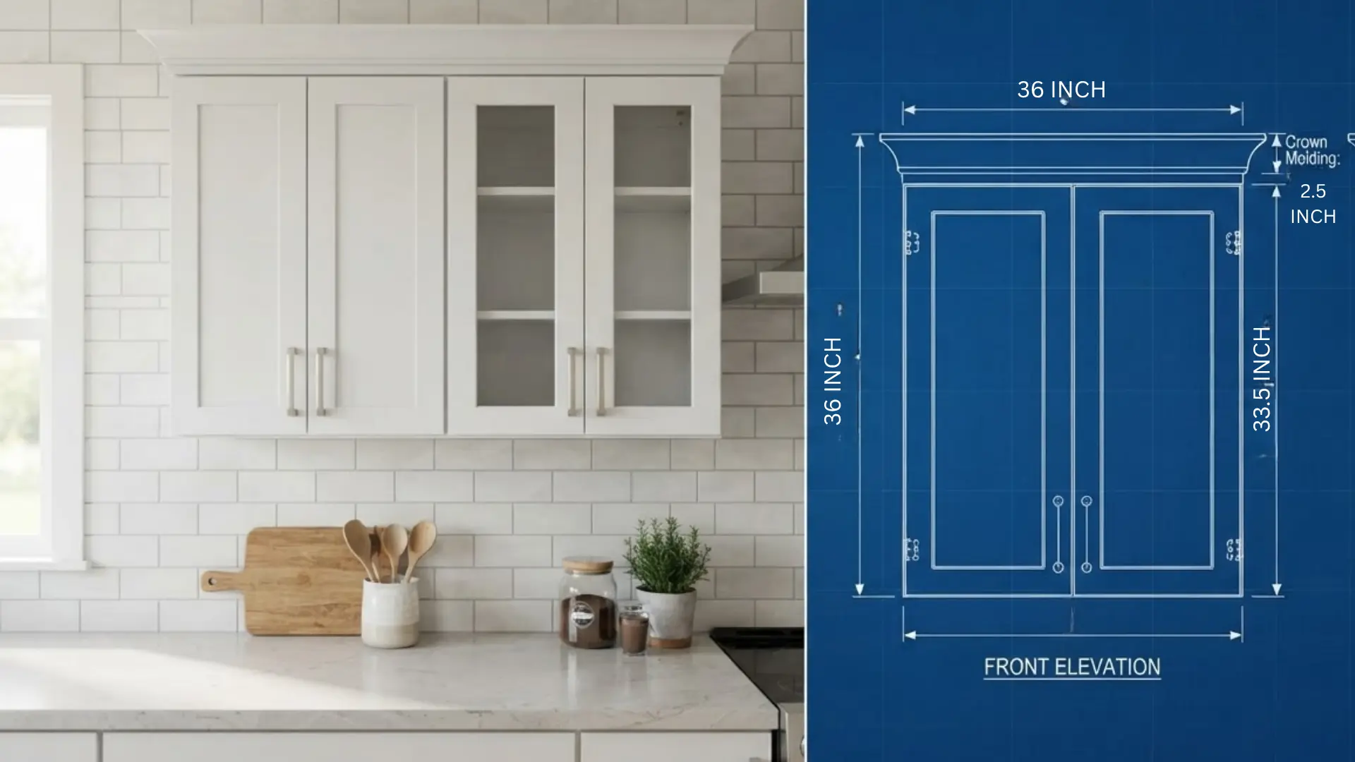 white wall kitchen cabinets beside a blueprint showing width and height with crown molding