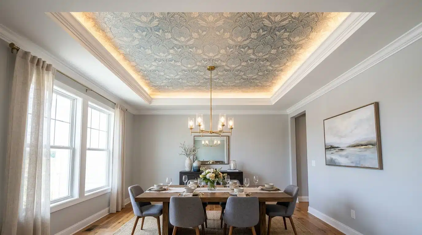 dining room with a set table, upholstered chairs, chandelier, floral ceiling panel, large windows, and framed landscape artwork