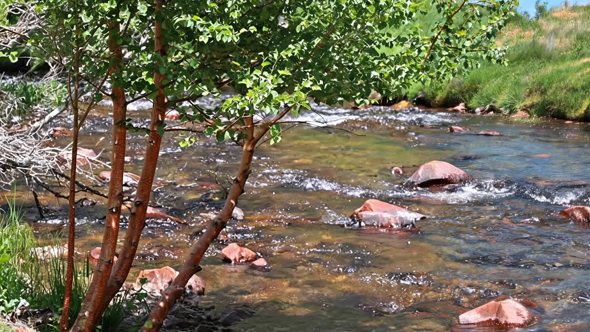 slender reddish bronze birch trunks leaning over a clear rocky flowing stream with green leaves hanging overhead nearby