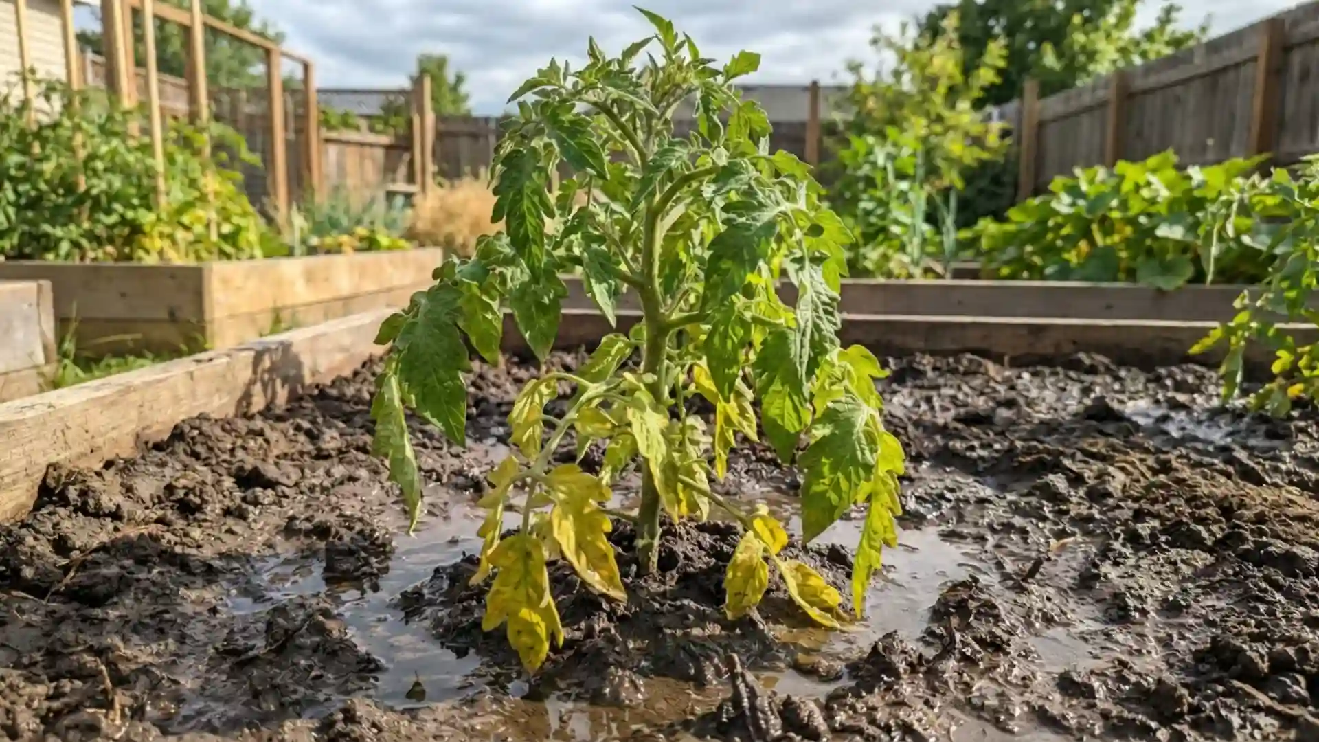 tomato plant with yellowing leaves growing in overly wet, waterlogged soil
