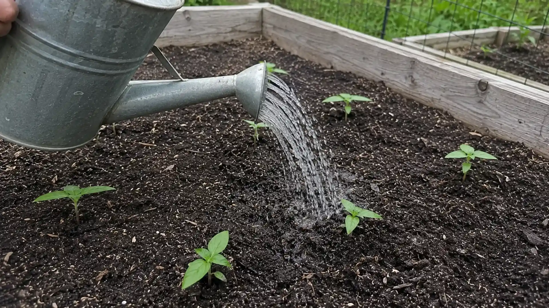 watering can pouring water at the base of young small sunflower seedlings outdoors