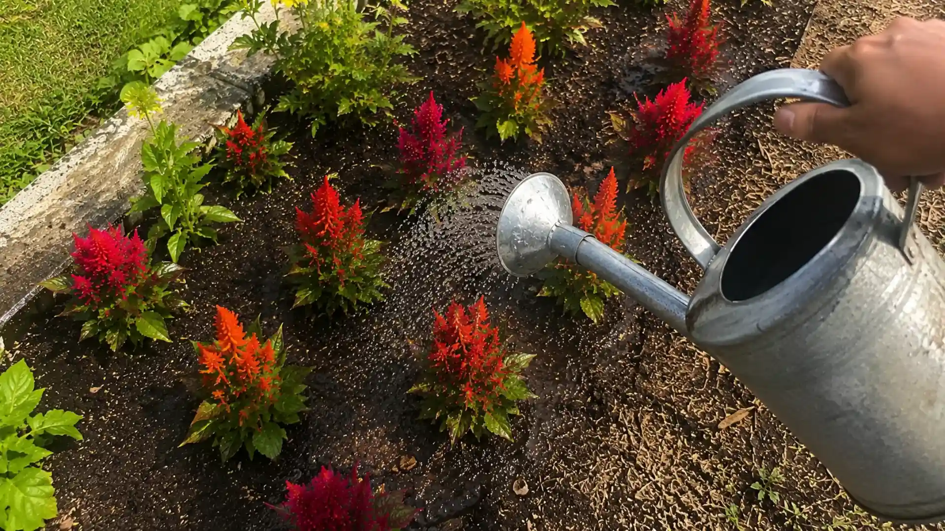 a person watering red and orange celosia plants in garden bed with metal watering can