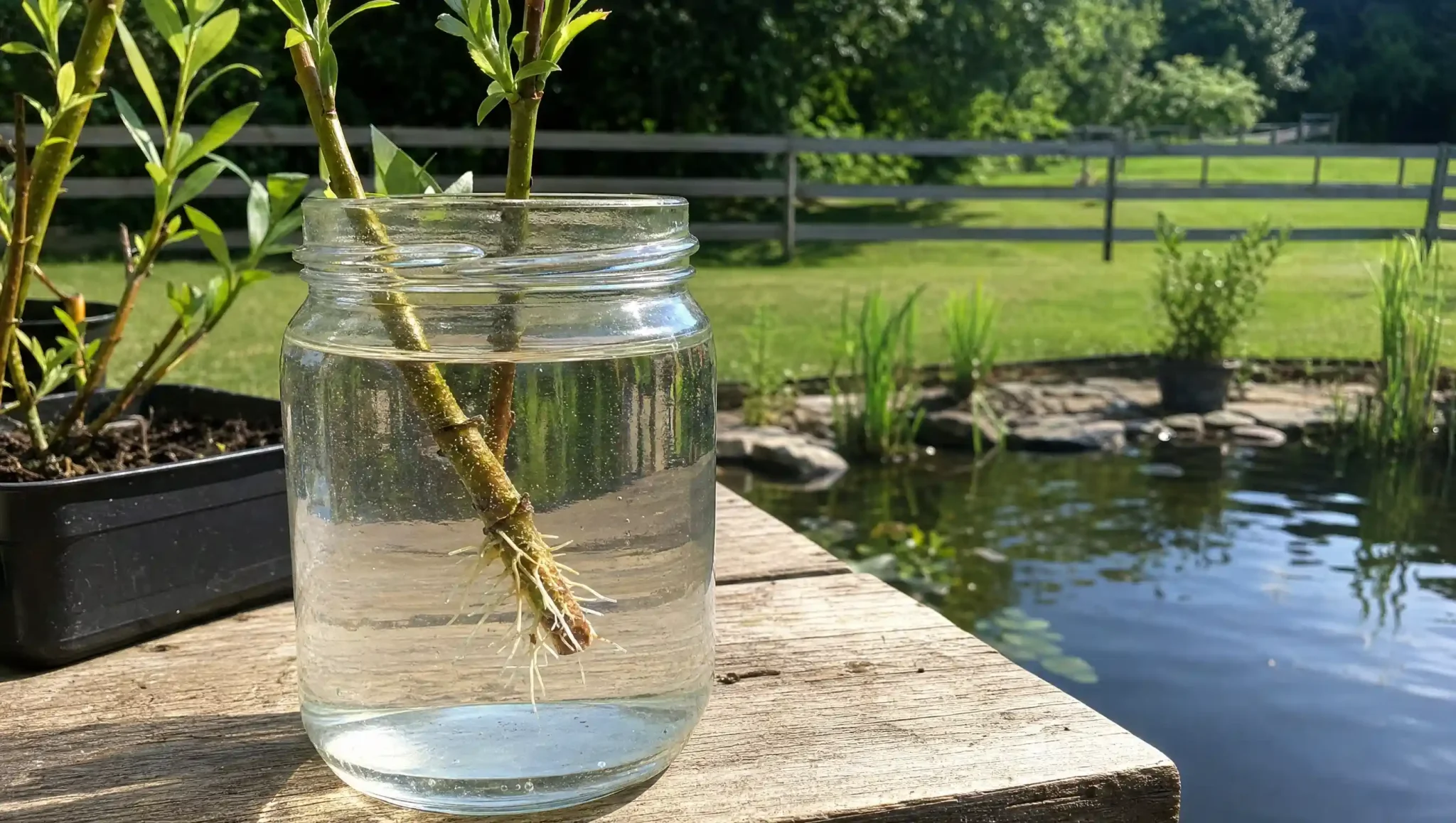 willow cutting developing small white roots in a water jar beside a backyard pond