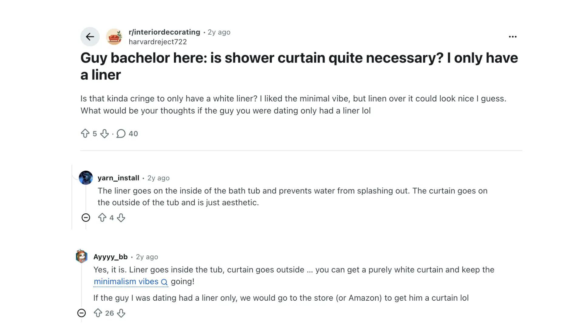 screenshot of reddit thread comment explaining shower liner keeps water in while curtain is decorative