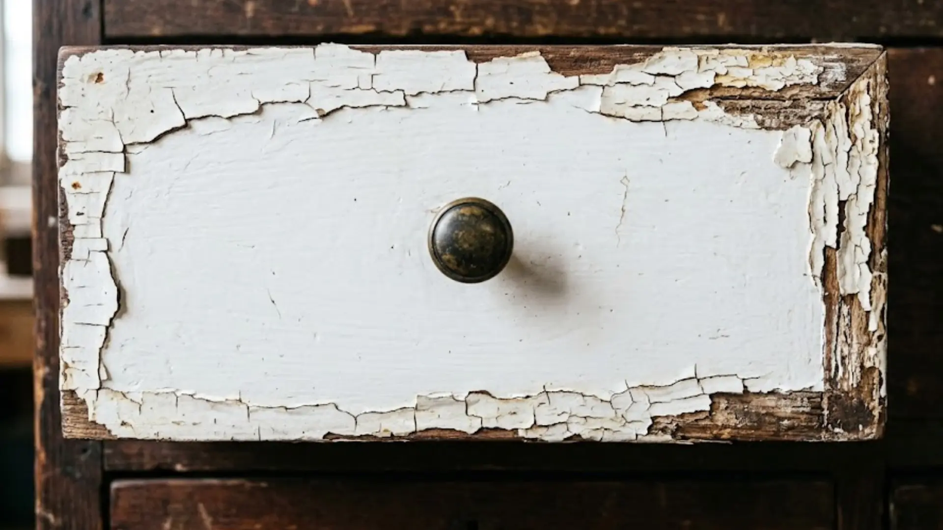 peeling white paint over stained wood surface showing paint adhesion problems on furniture