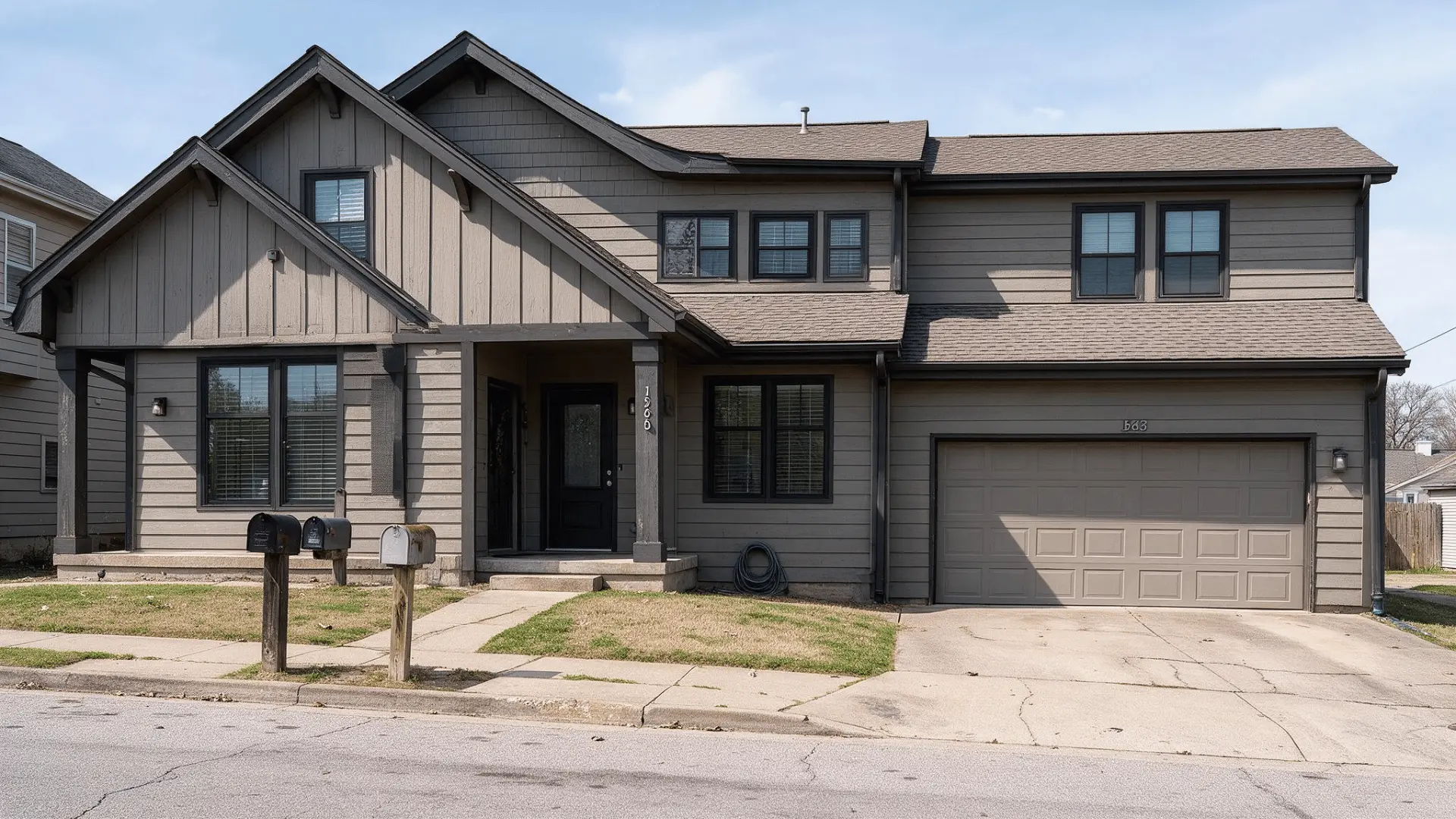 exterior photo of a gray craftsman style duplex home with two front doors and a worn driveway
