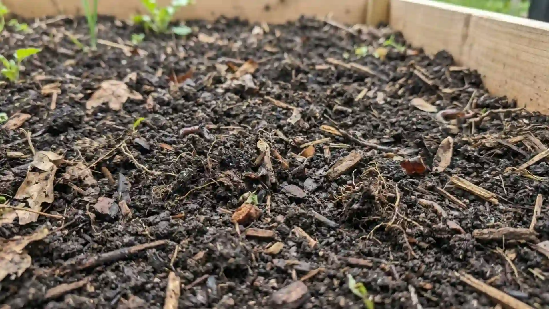 close-up of nutrient-rich garden soil mixed with compost in a garden bed