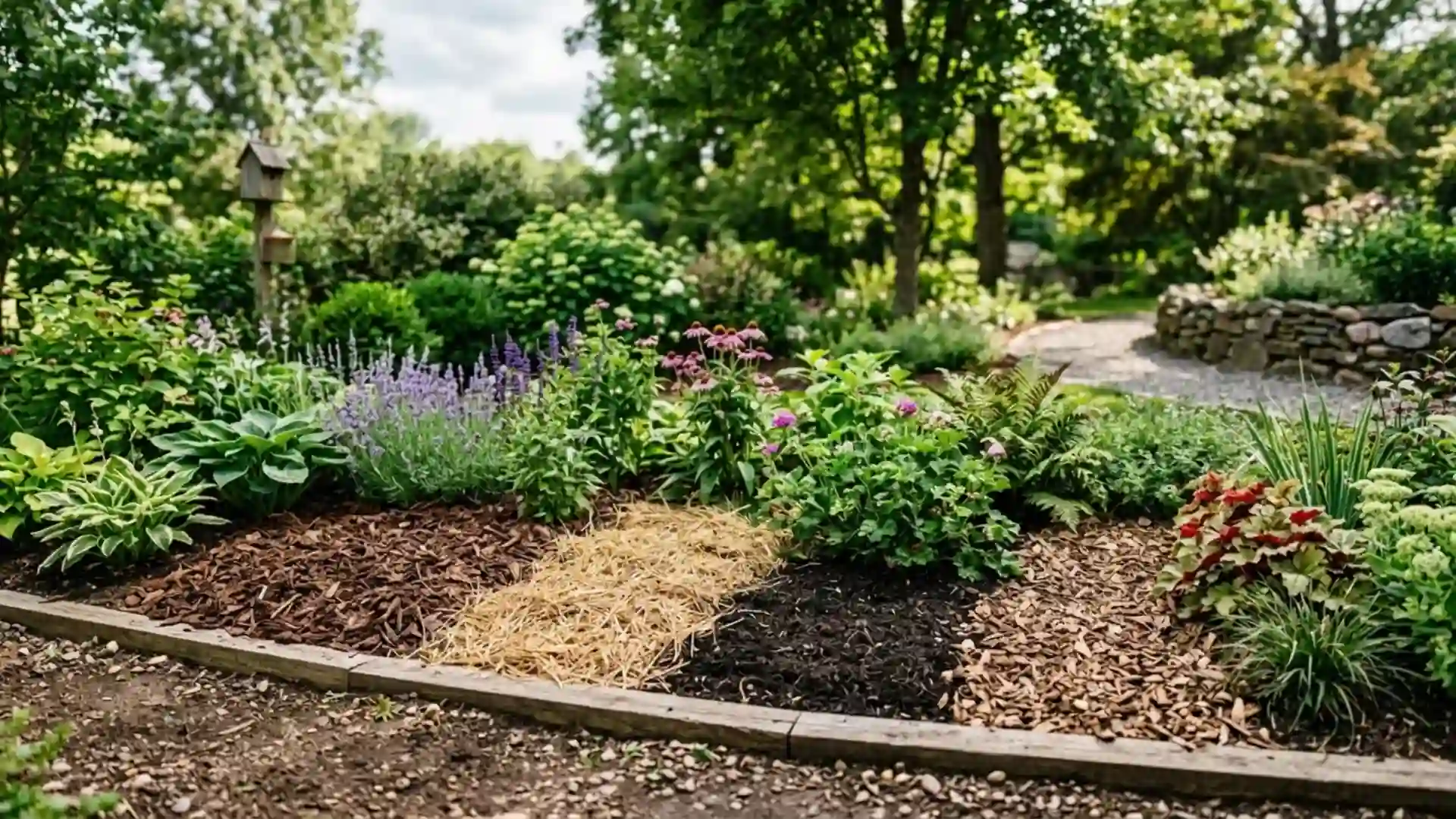 garden bed showing wood chip, straw, and gravel mulch spread around healthy plants outdoors
