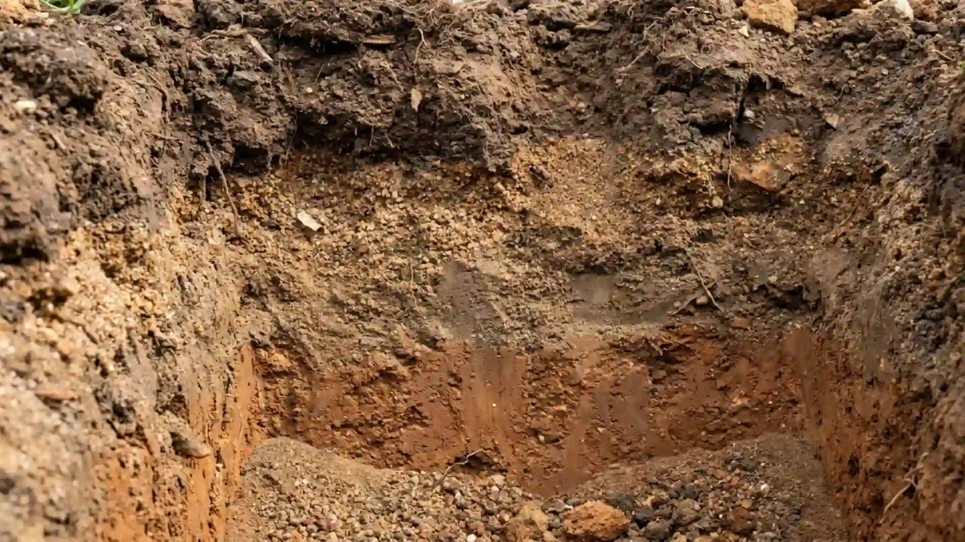 cross-section view of natural topsoil layer showing sand, silt, and clay texture