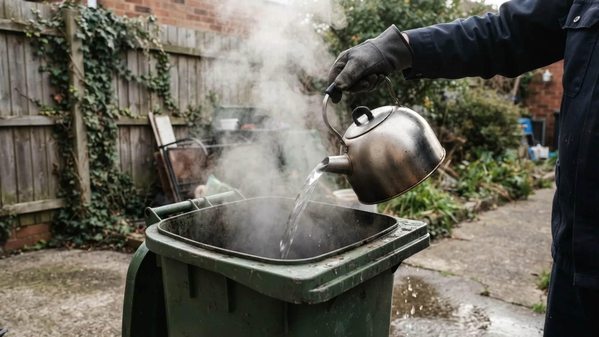 gloved person pouring boiling water from a metal kettle into an outdoor green trash bin