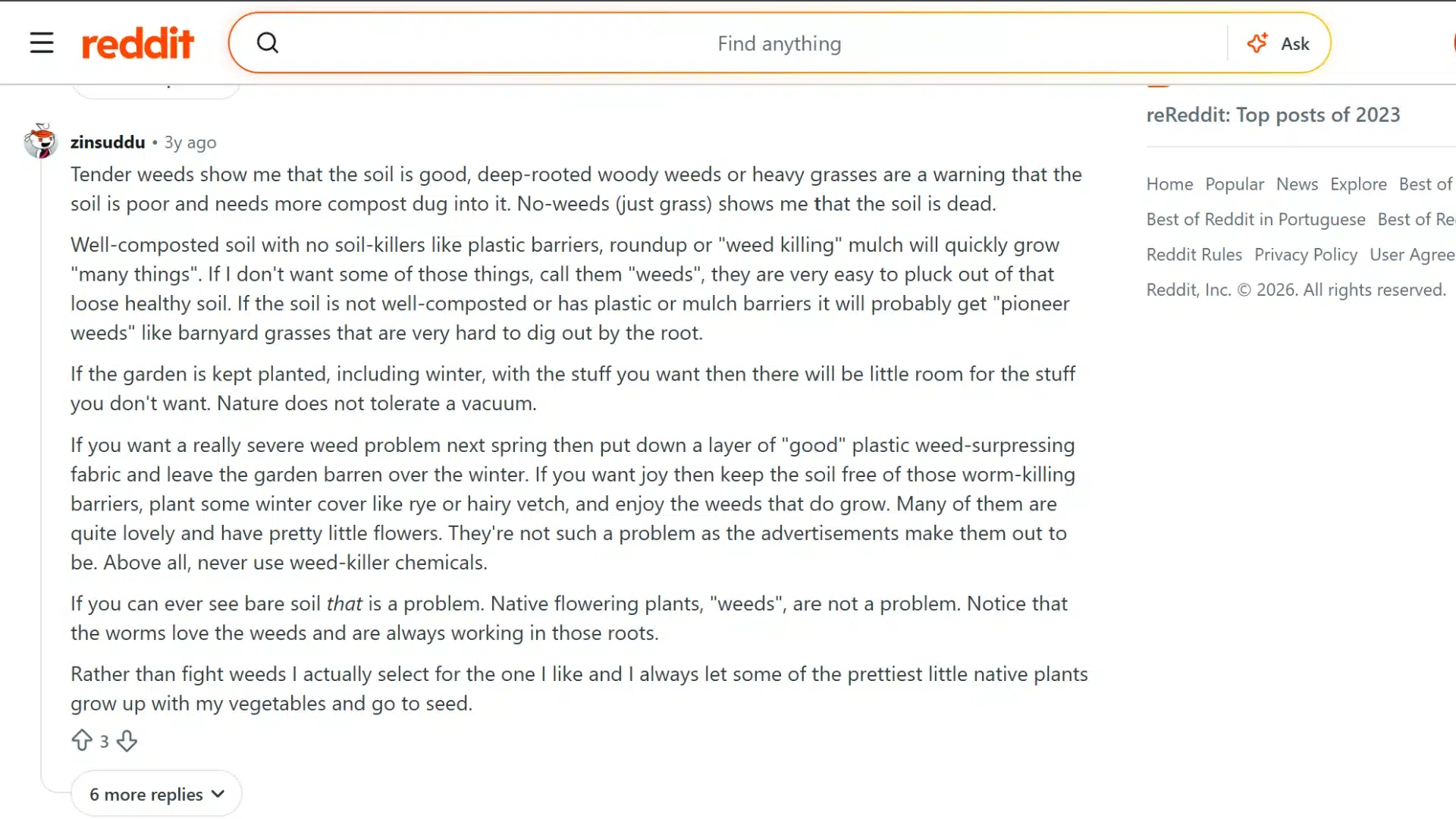 reddit gardener shares advice on healthy soil, cover crops, mulch barriers, and weed control
