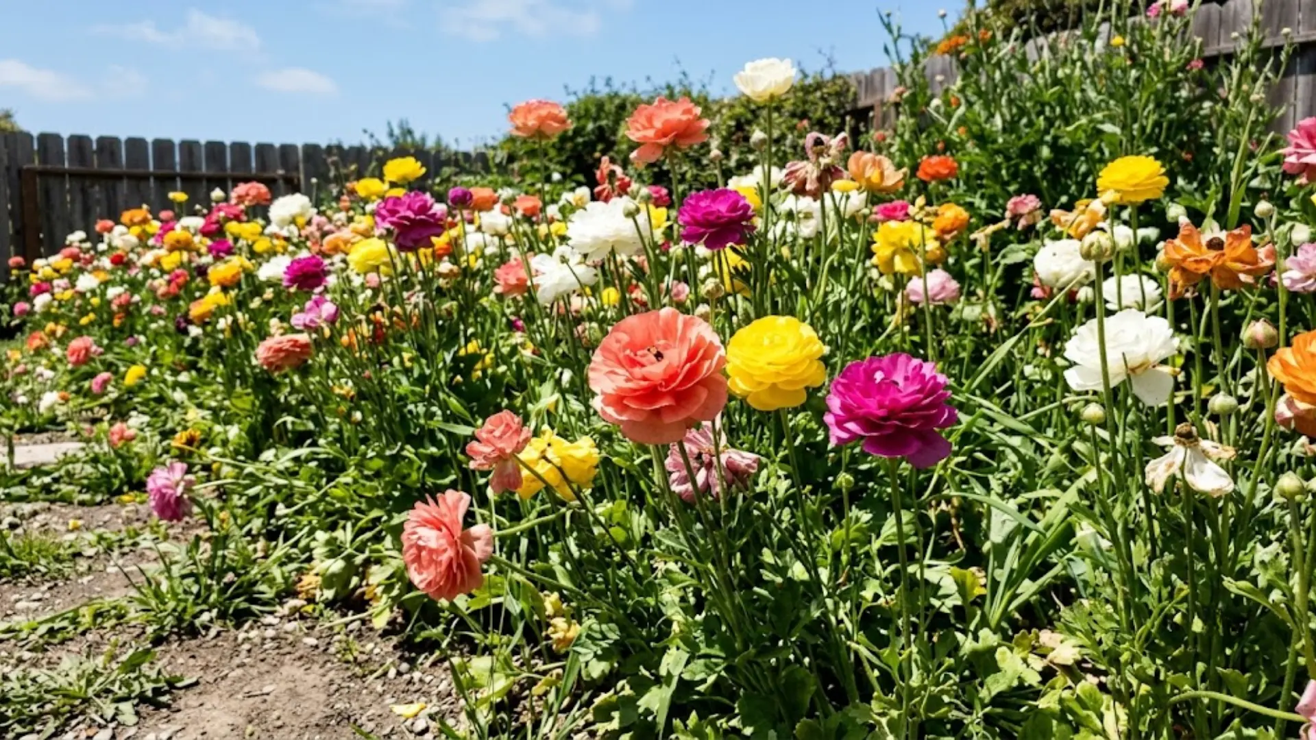 bright, colorful ranunculus blooms growing in a sunlit garden bed on a clear day
