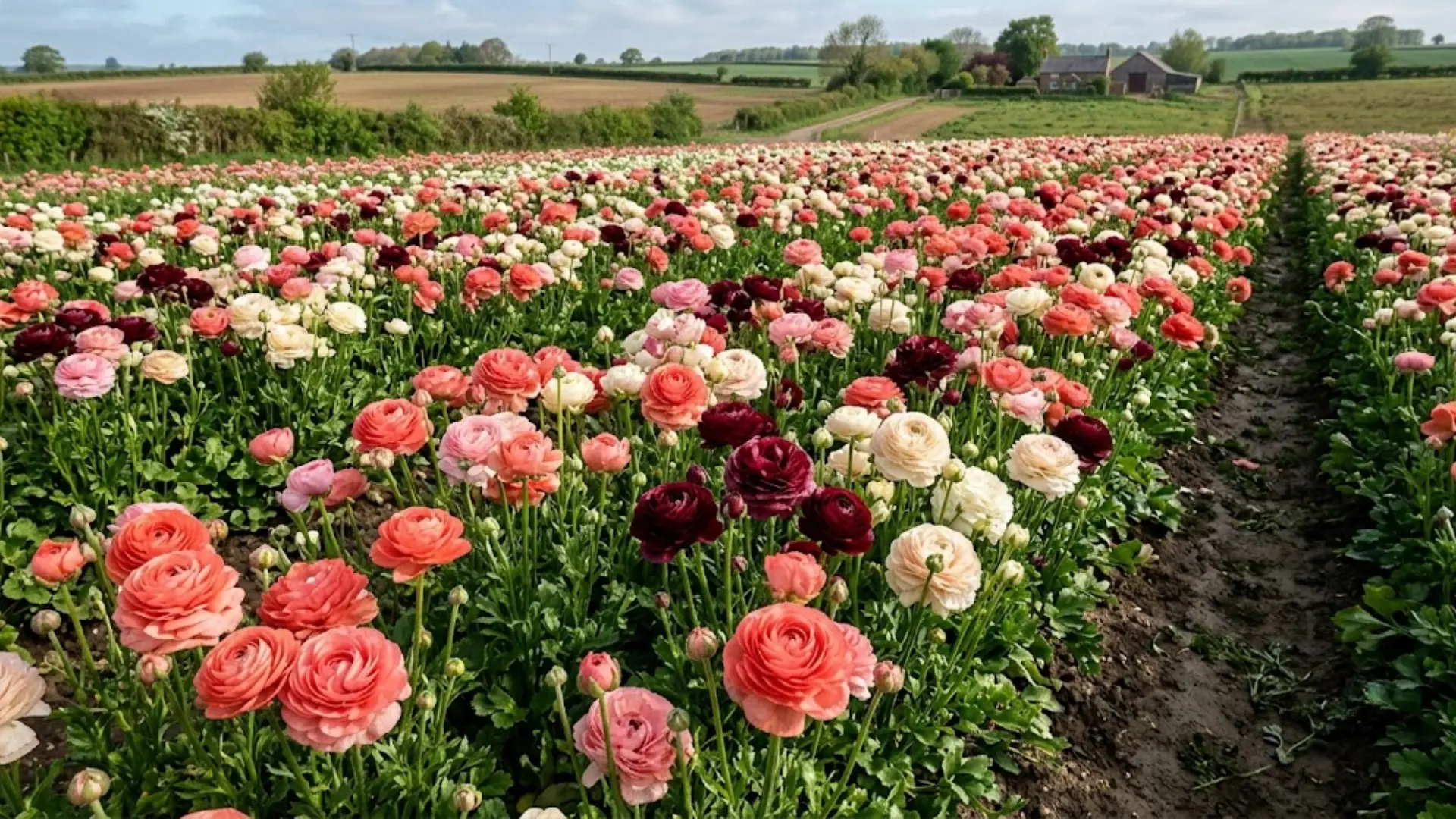 ranunculus flower bed in full bloom across garden rows in early spring sunlight