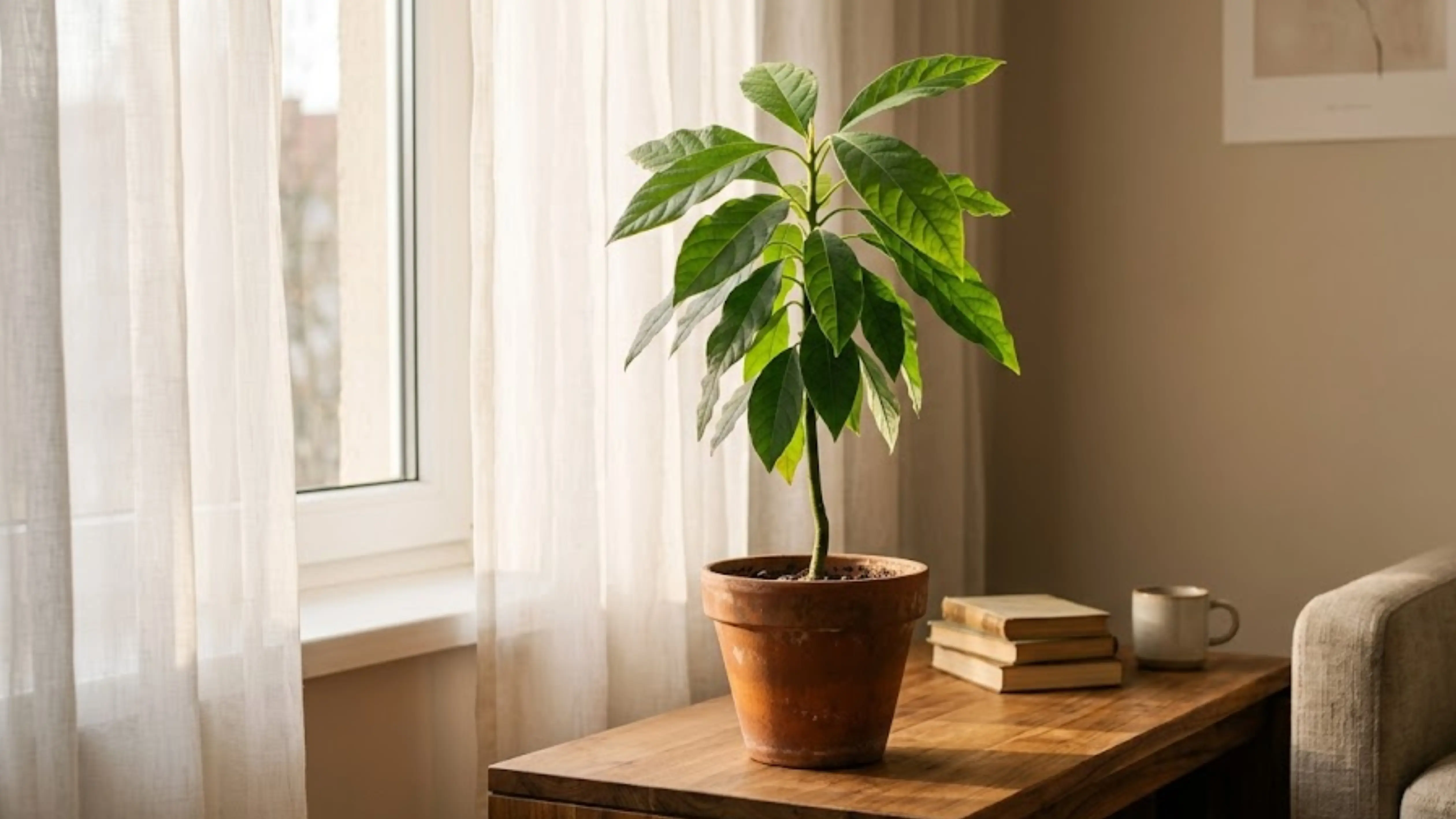 potted avocado plant with glossy leaves placed near a bright window with natural sunlight