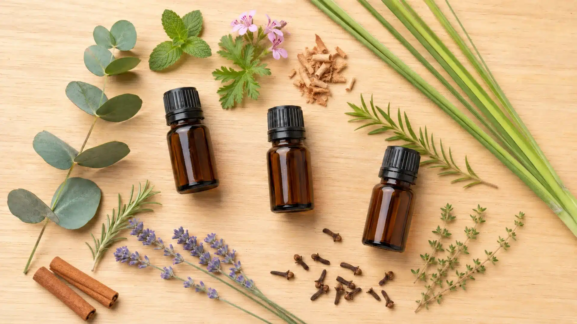 essential oil bottles arranged with botanical leaves in a refined flat lay