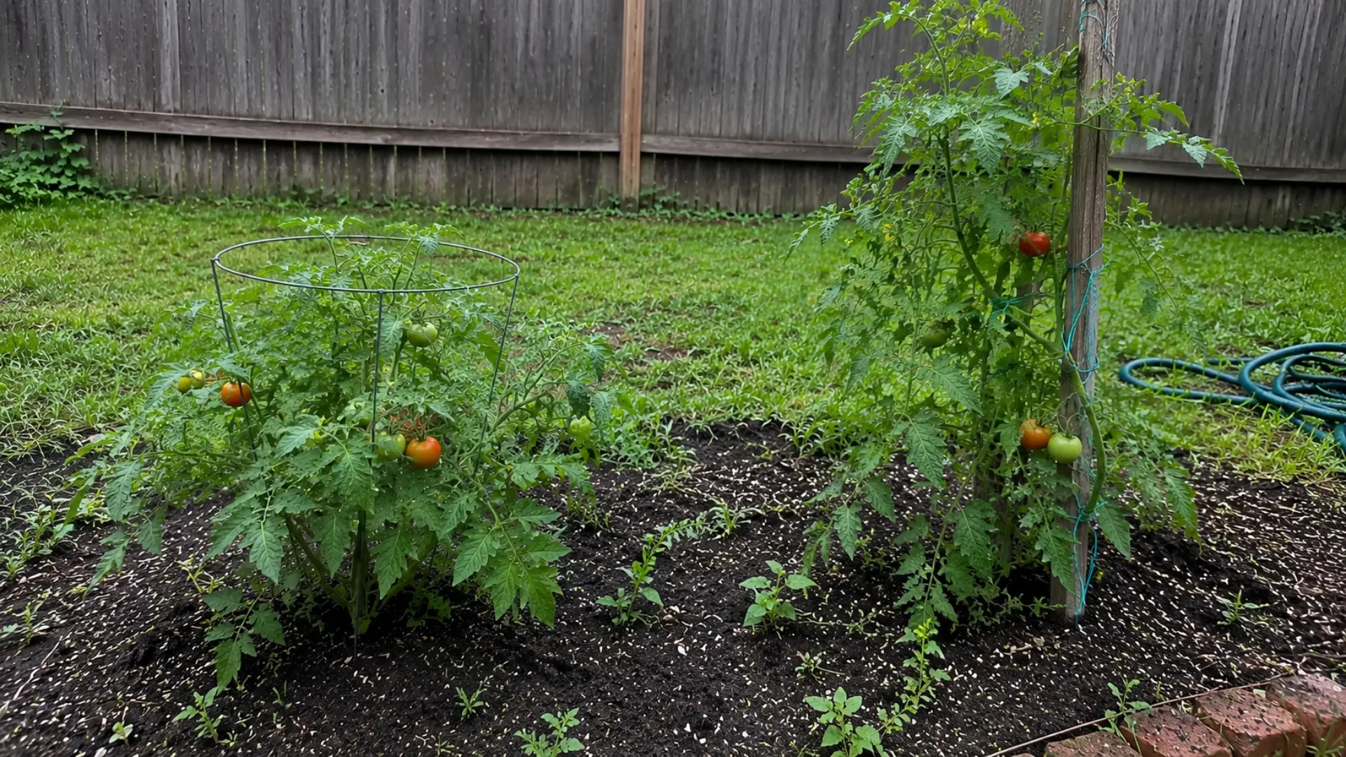 backyard garden bed with a caged bushy tomato plant beside a tall staked vine