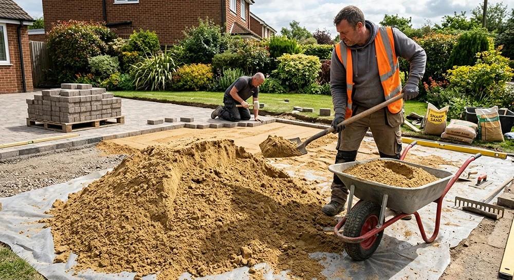 Workers shoveling sand onto a driveway surrounded by bricks and greenery