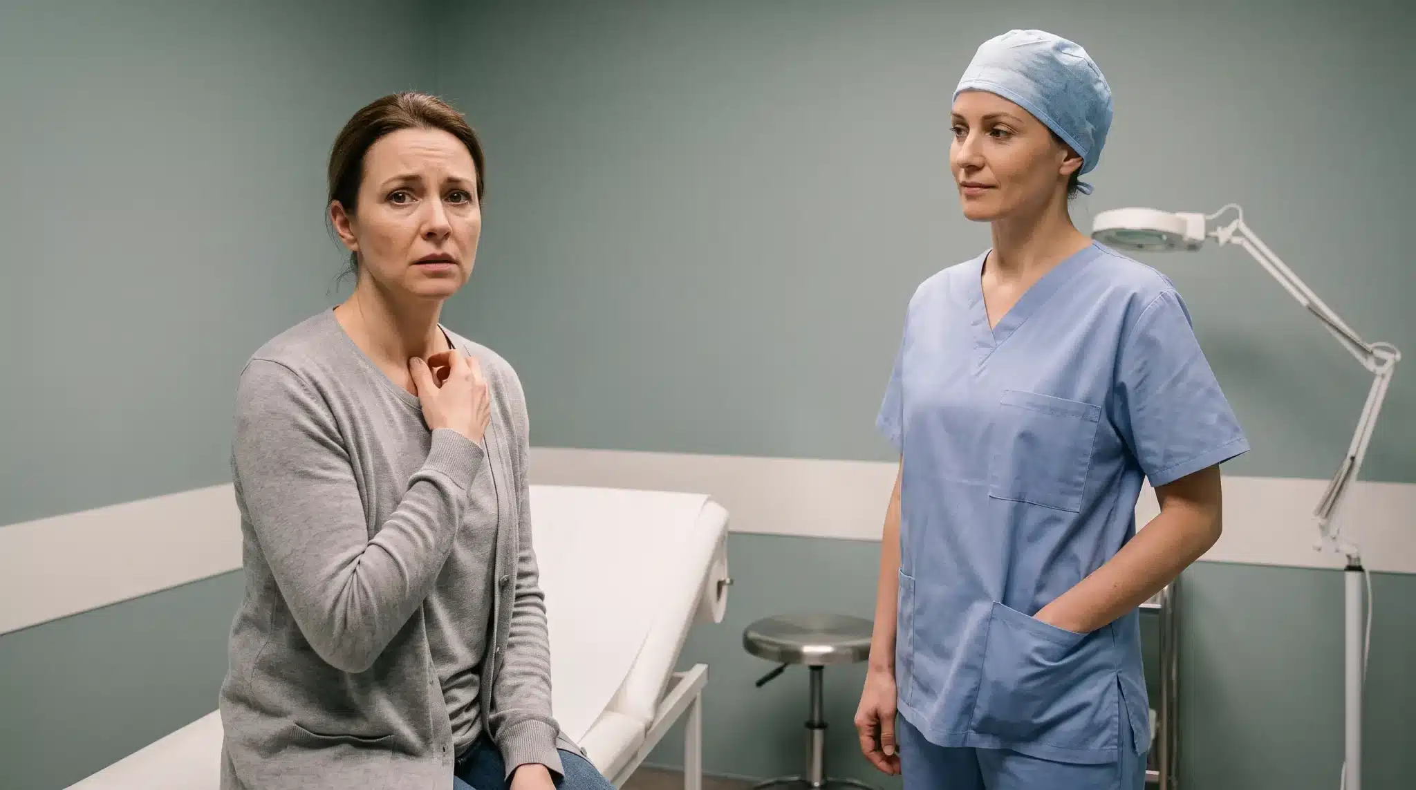 Patient sitting with nurse in a medical examination room with teal walls