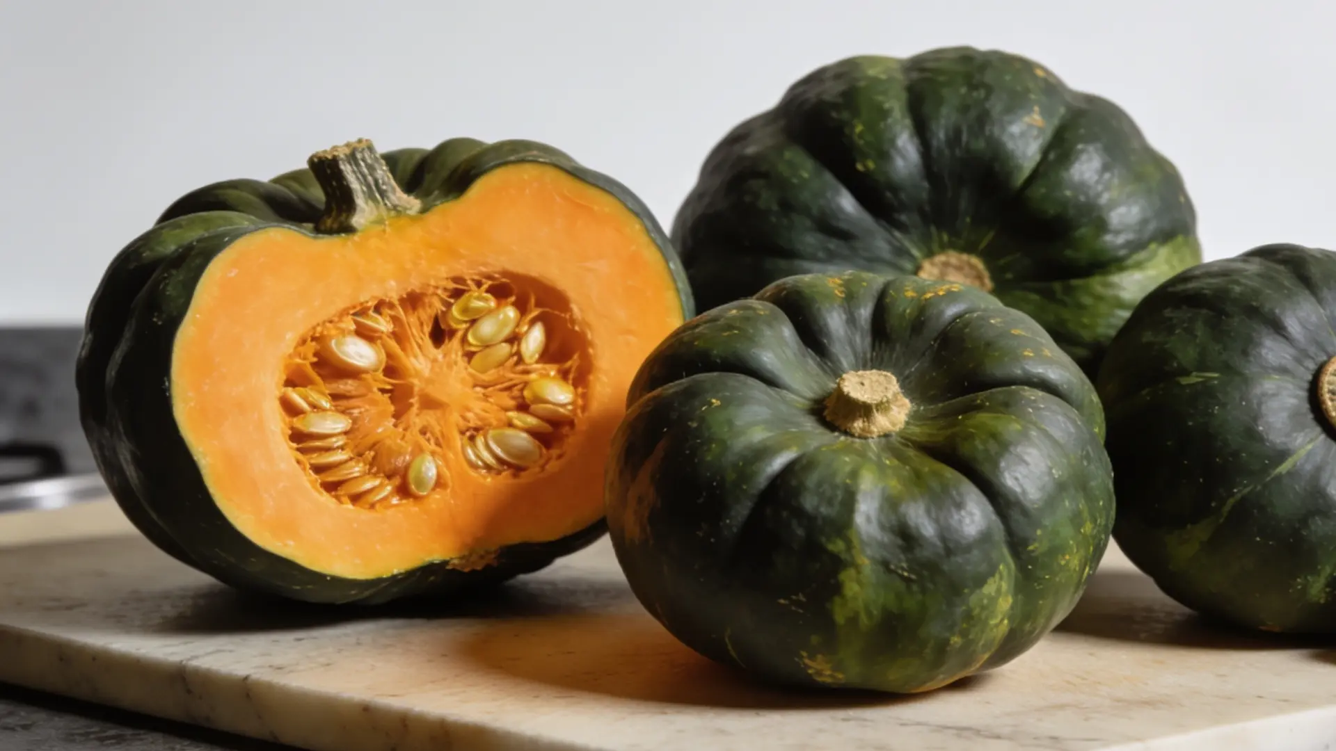 buttercup squash halved and whole on a kitchen slab