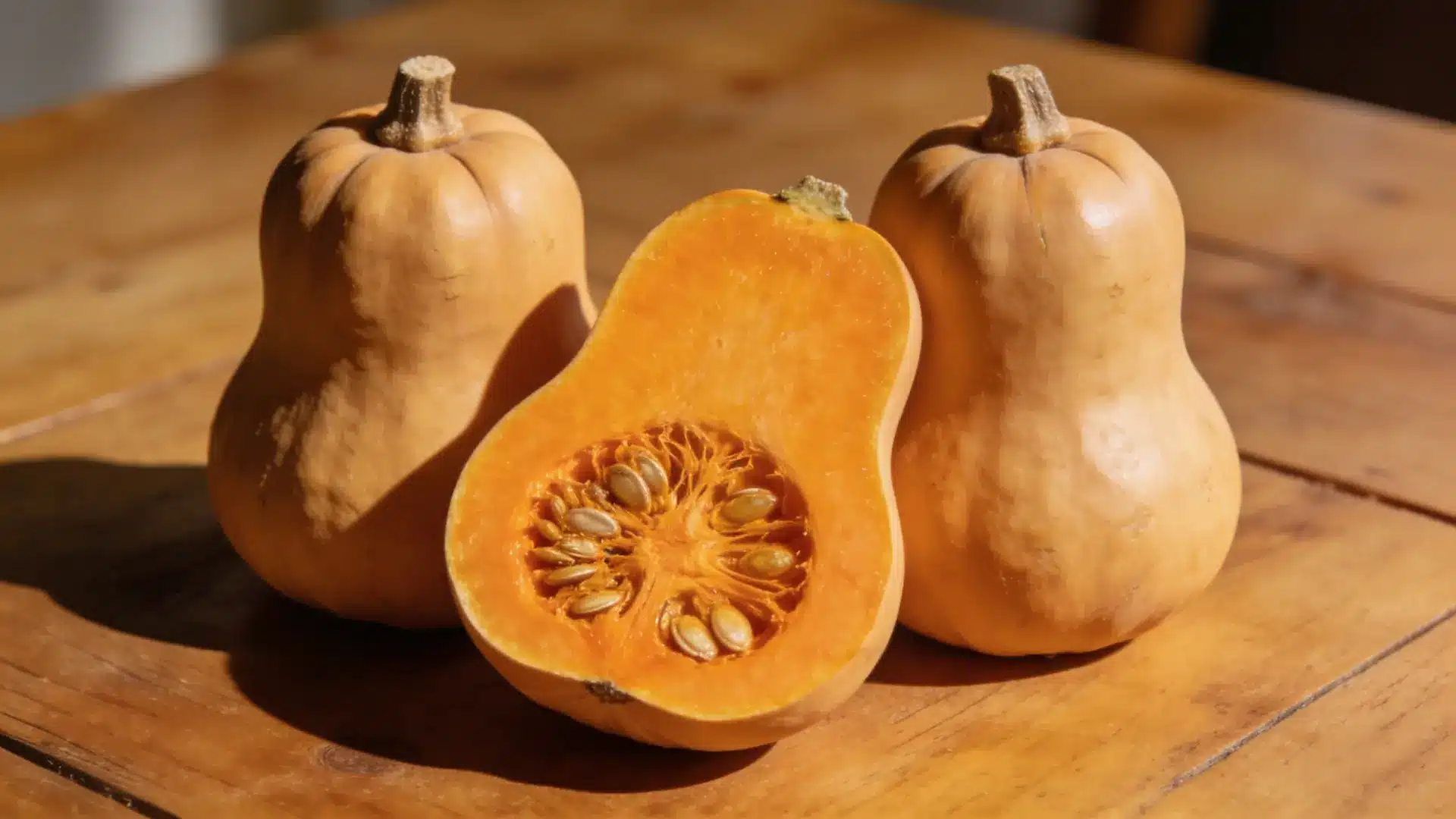 honeynut squash halved and whole on a wooden table