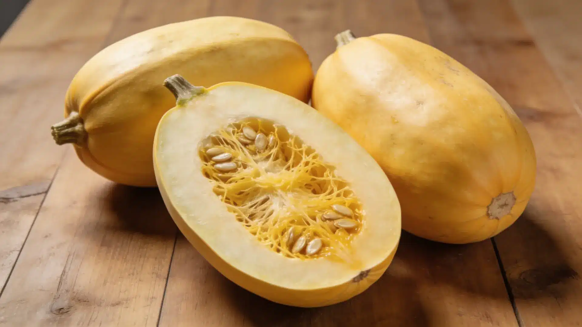 spaghetti squash halved and whole on a wooden table