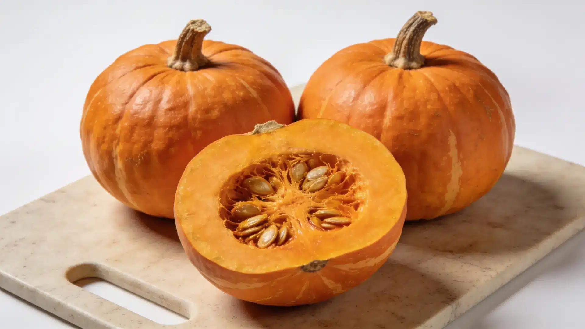 sugar pumpkin halved and whole on a kitchen slab