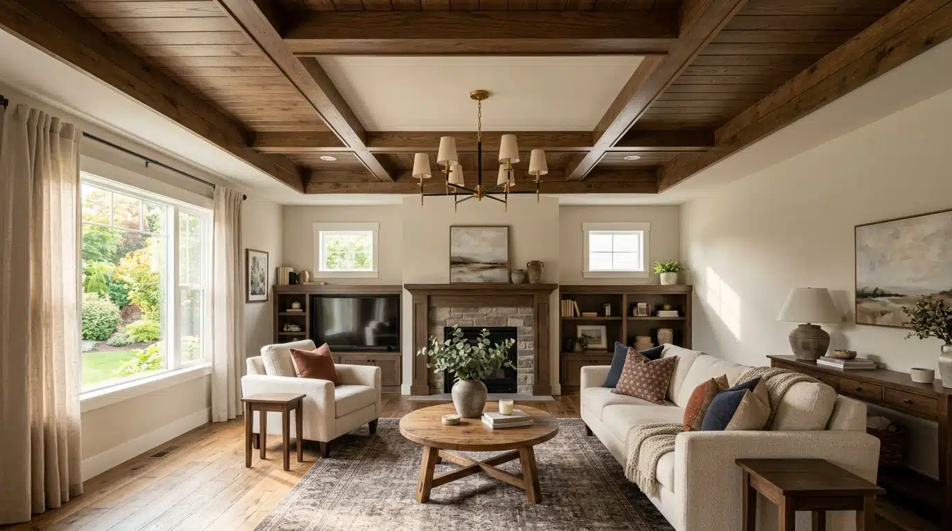 living room with a wood ceiling, fireplace, sofa and armchair, table, bookshelves, and large windows