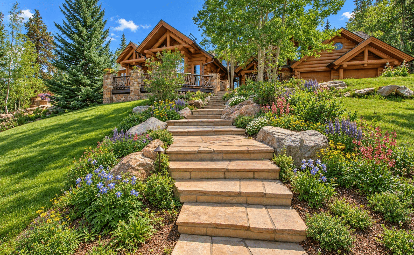 Stone steps leading to log cabin surrounded by colorful flowers and green trees