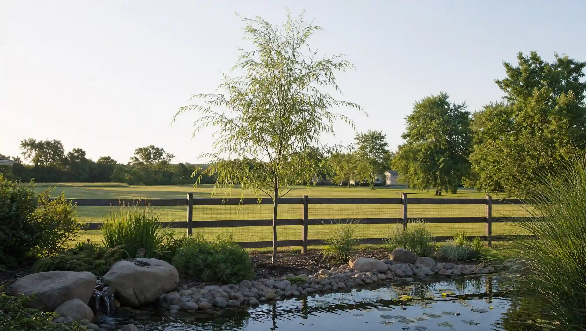 young willow tree gaining height and forming a wider canopy beside the same backyard pond