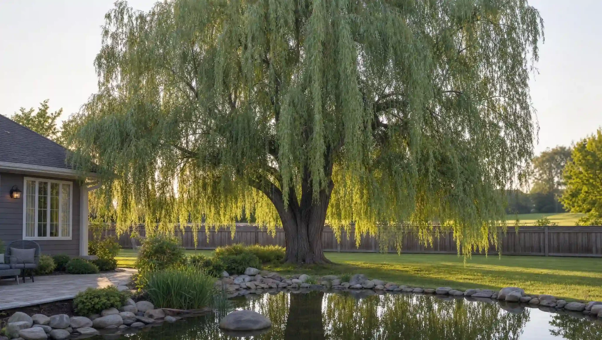 mature willow tree with a thick trunk and broad hanging canopy beside the same backyard pond