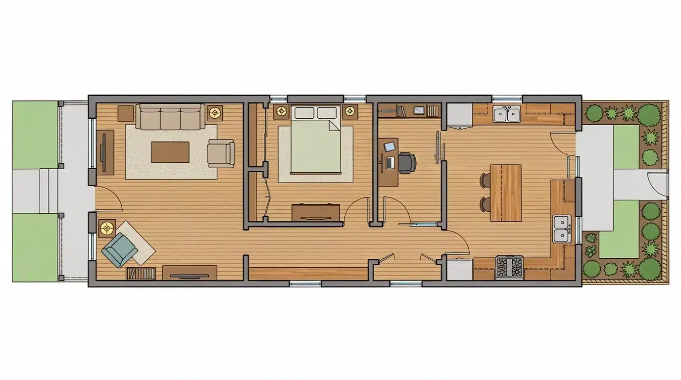 layout of a compact apartment showcasing the living room, kitchen, and bathroom areas