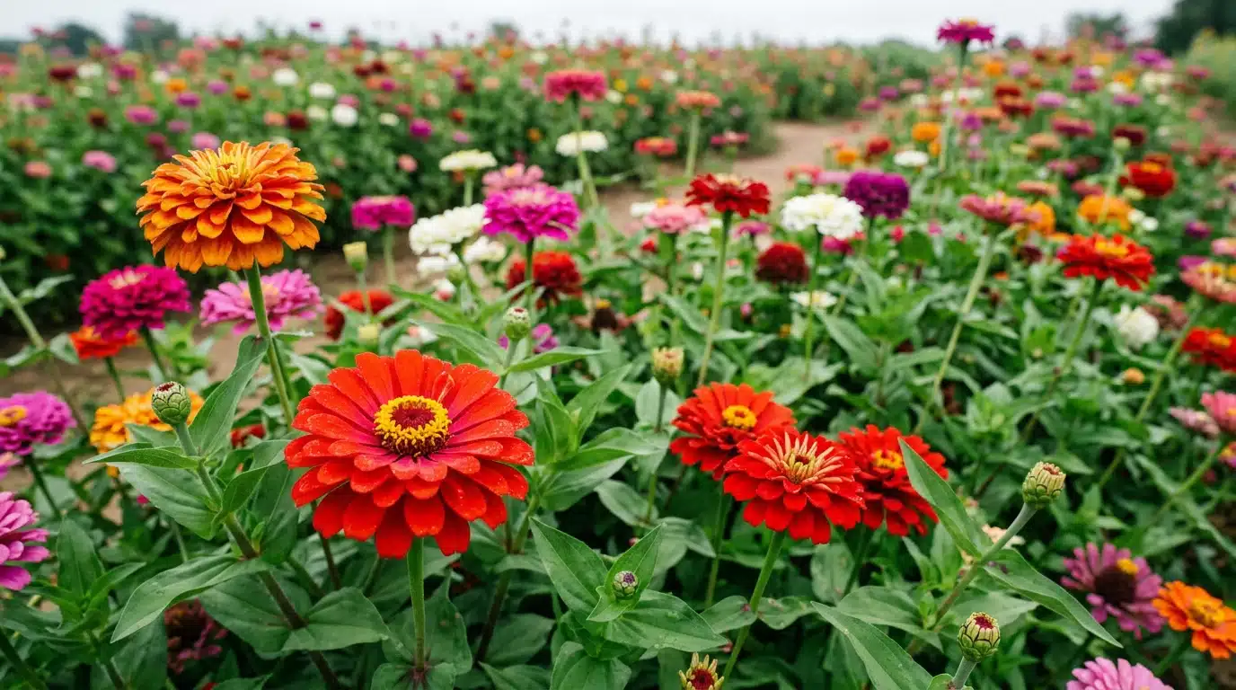 a field of zinnia flowers in full bloom, featuring orange and red blossoms in the foreground against a lush green ground