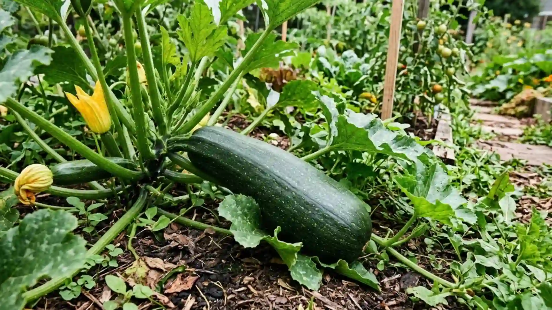 fresh green zucchini fruits growing in a home garden bed, photographed in natural daylight