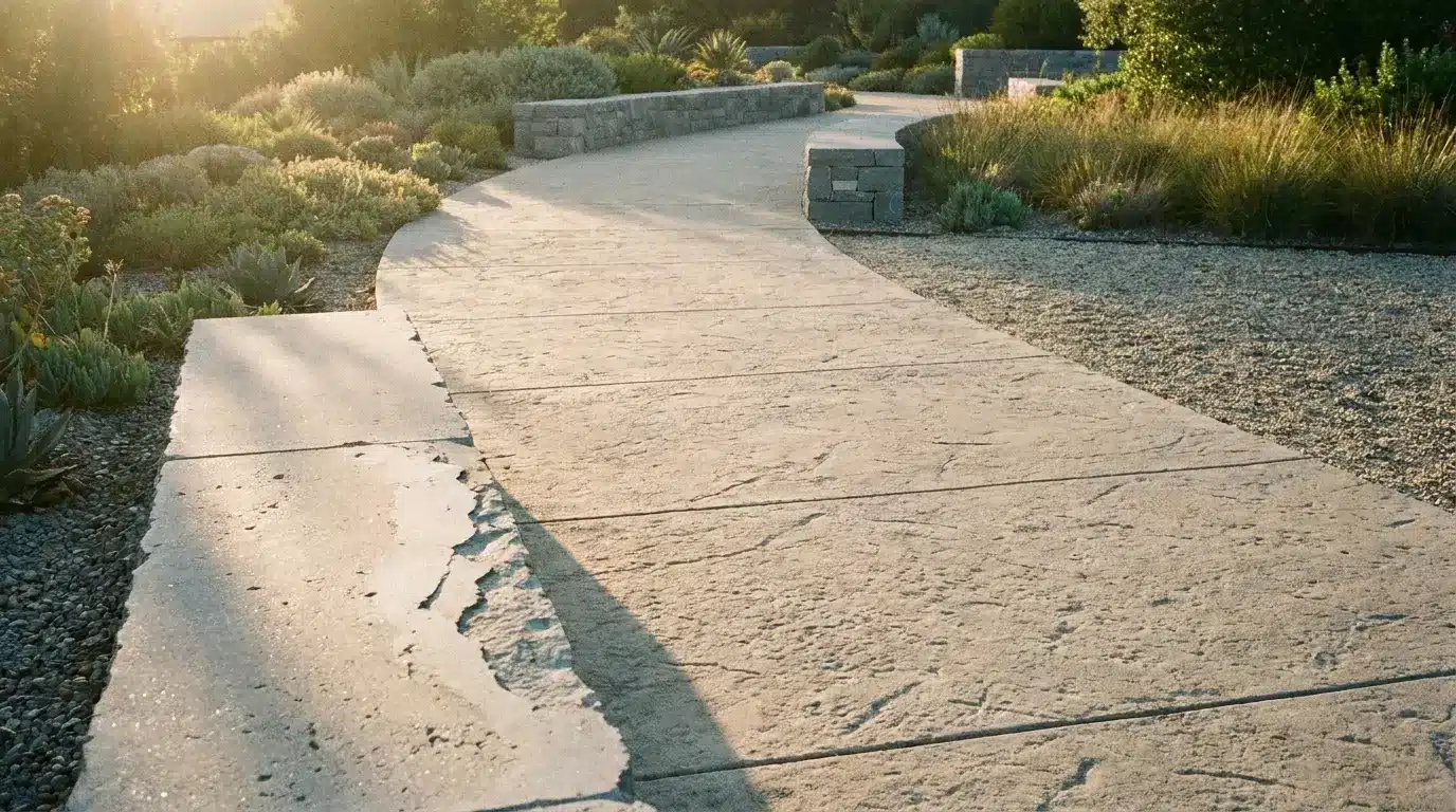 Curved stone pathway in landscaped garden with lush greenery and soft evening light