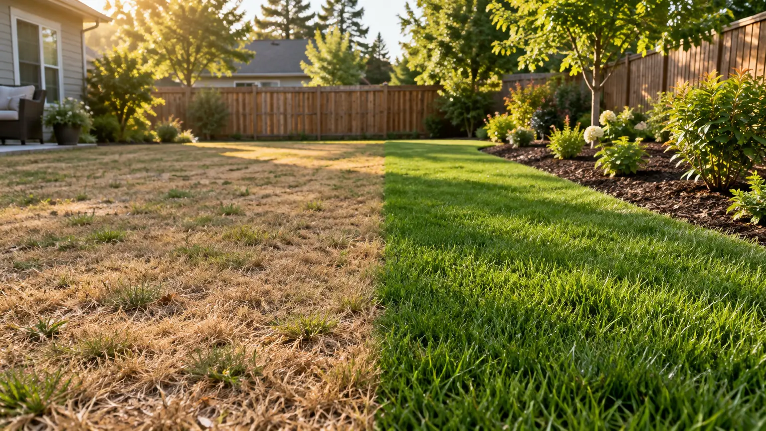 Lush green lawn contrasts with dry brown grass in sunlit backyard garden