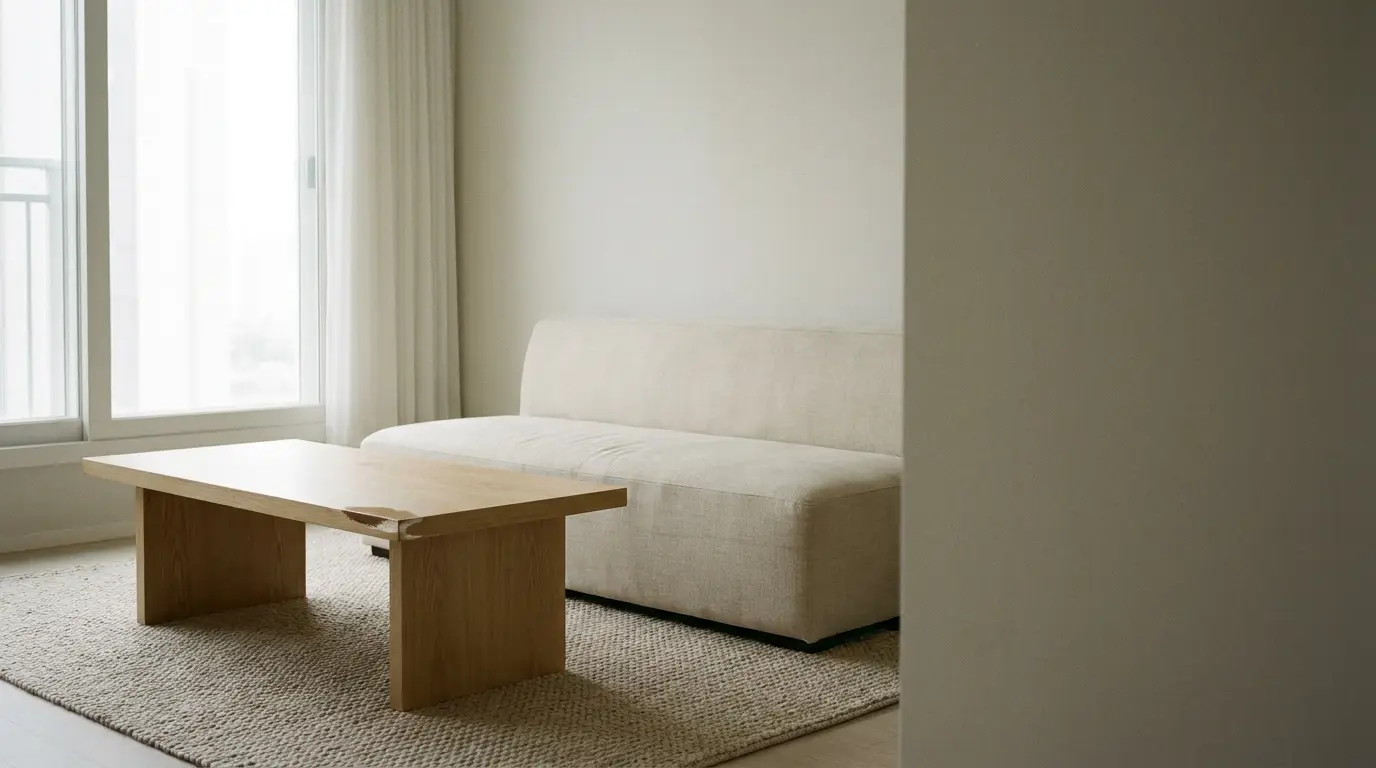 Minimalist living room with beige sofa and wooden coffee table on textured rug