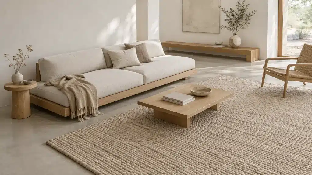 Minimalist living room with beige sofa, wooden coffee table, and woven rug in natural light