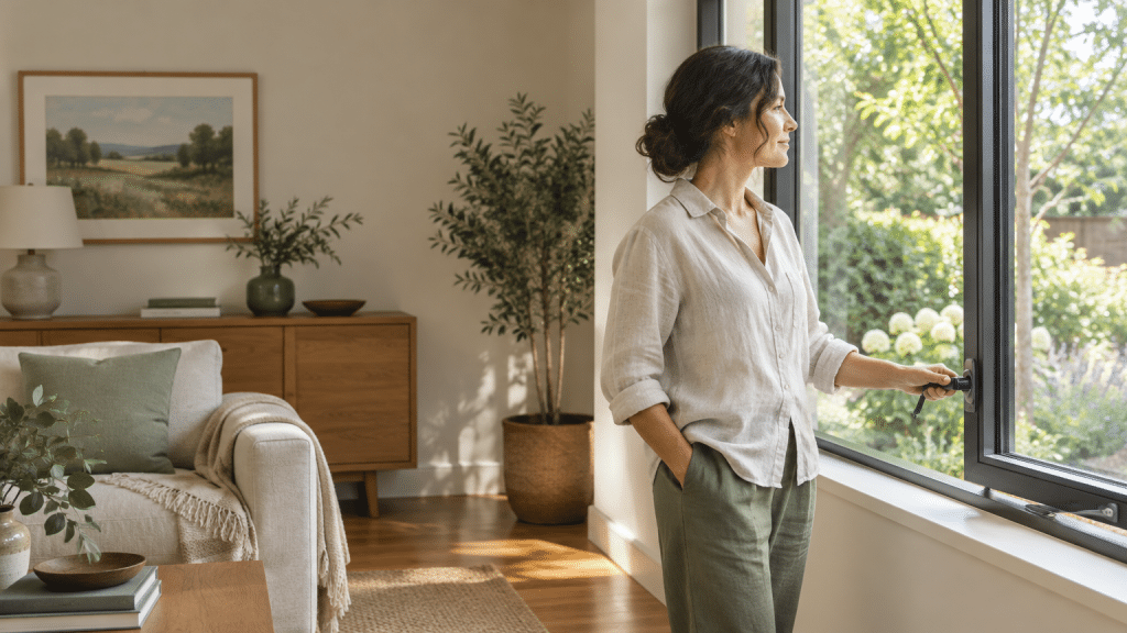 Woman in casual clothing opening a window in bright living room with plants and wooden furniture