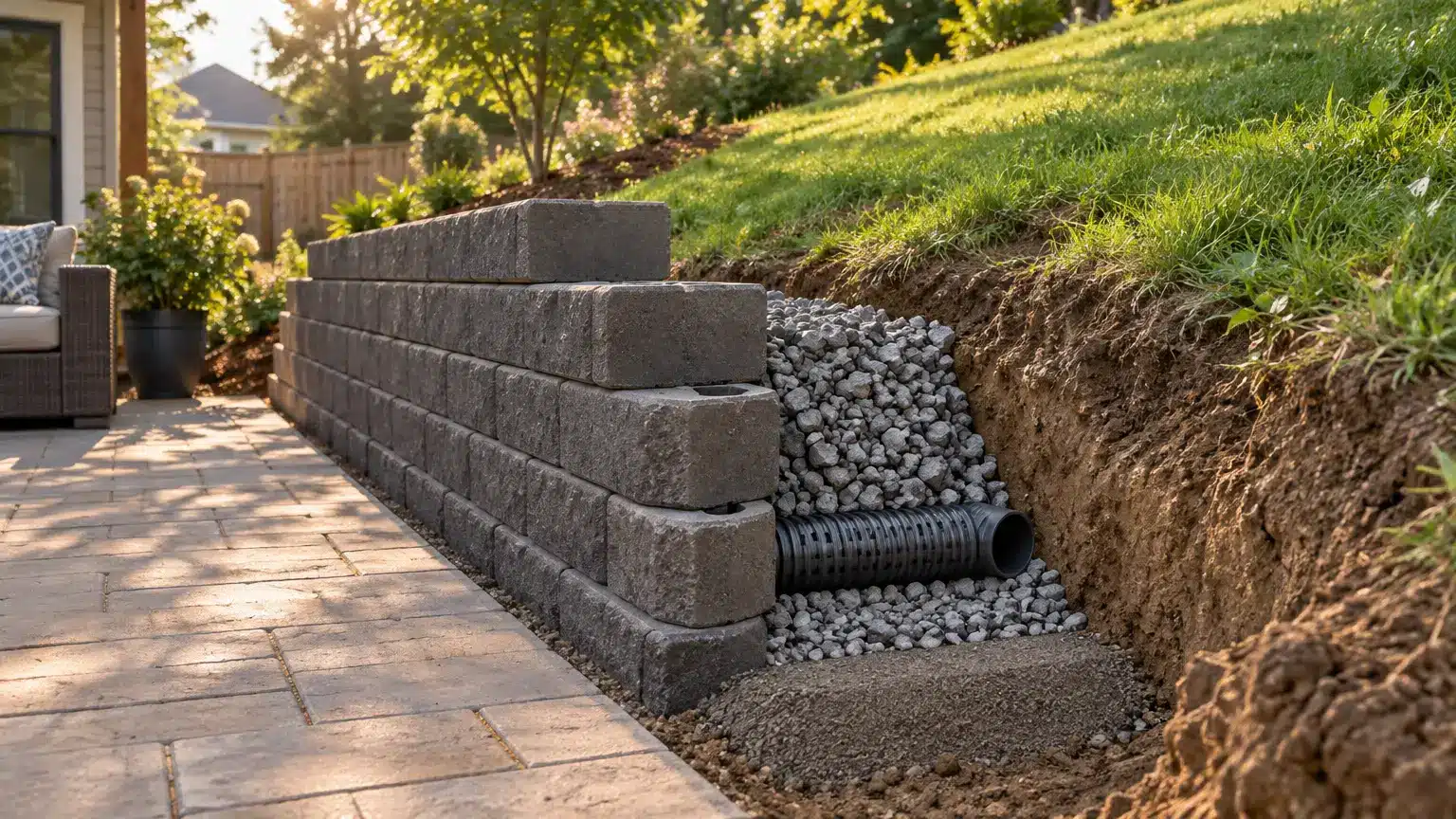 Retaining wall construction with drainage pipe and gravel in landscaped backyard patio setting.