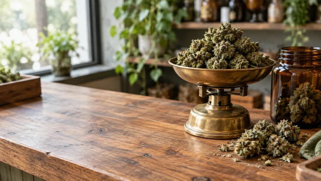 Cannabis buds on vintage brass scale in rustic wooden shop setting