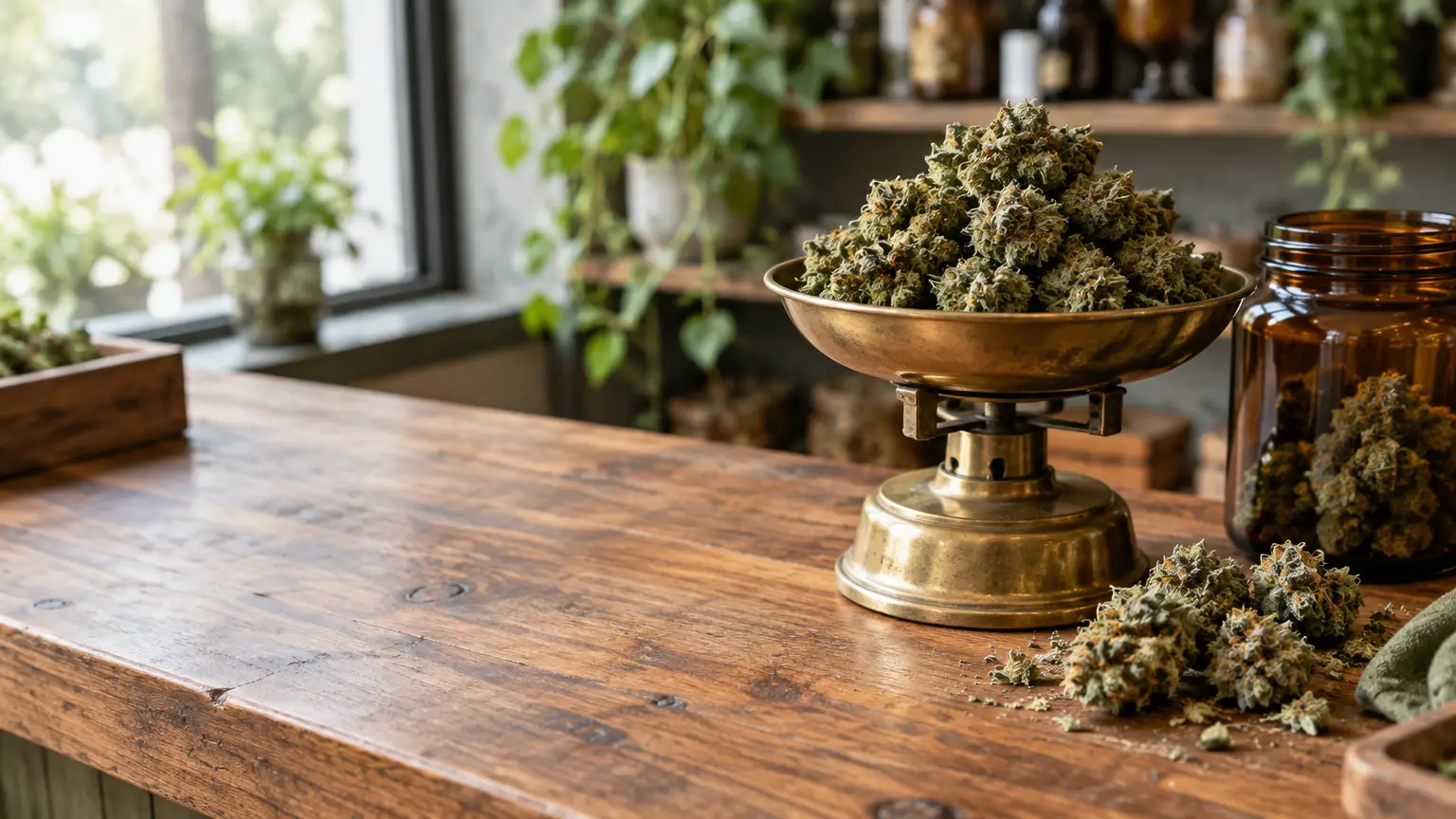 Cannabis buds on vintage brass scale in rustic wooden shop setting