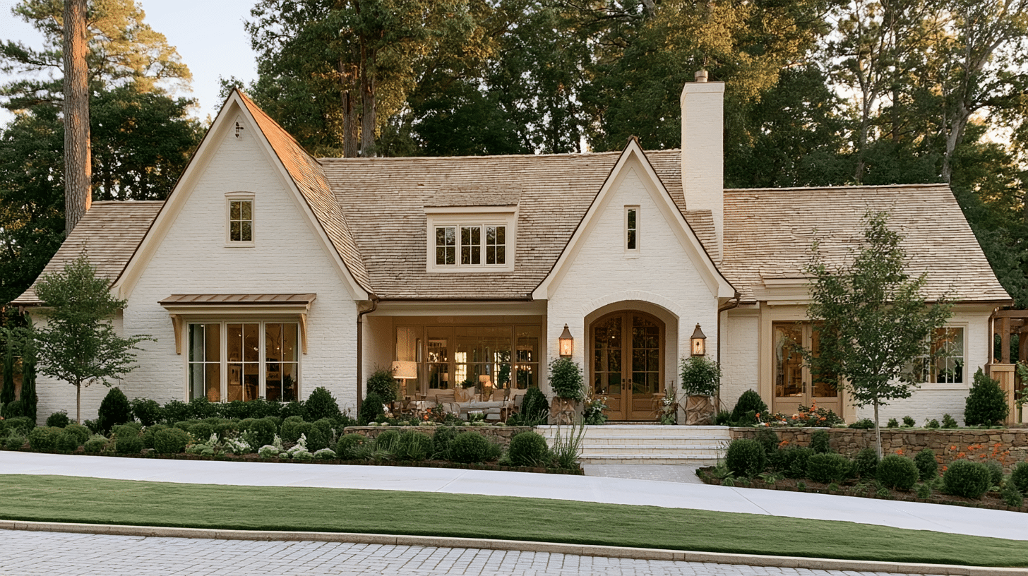 Charming white brick house with wooden roof, front garden, and large windows in a wooded setting