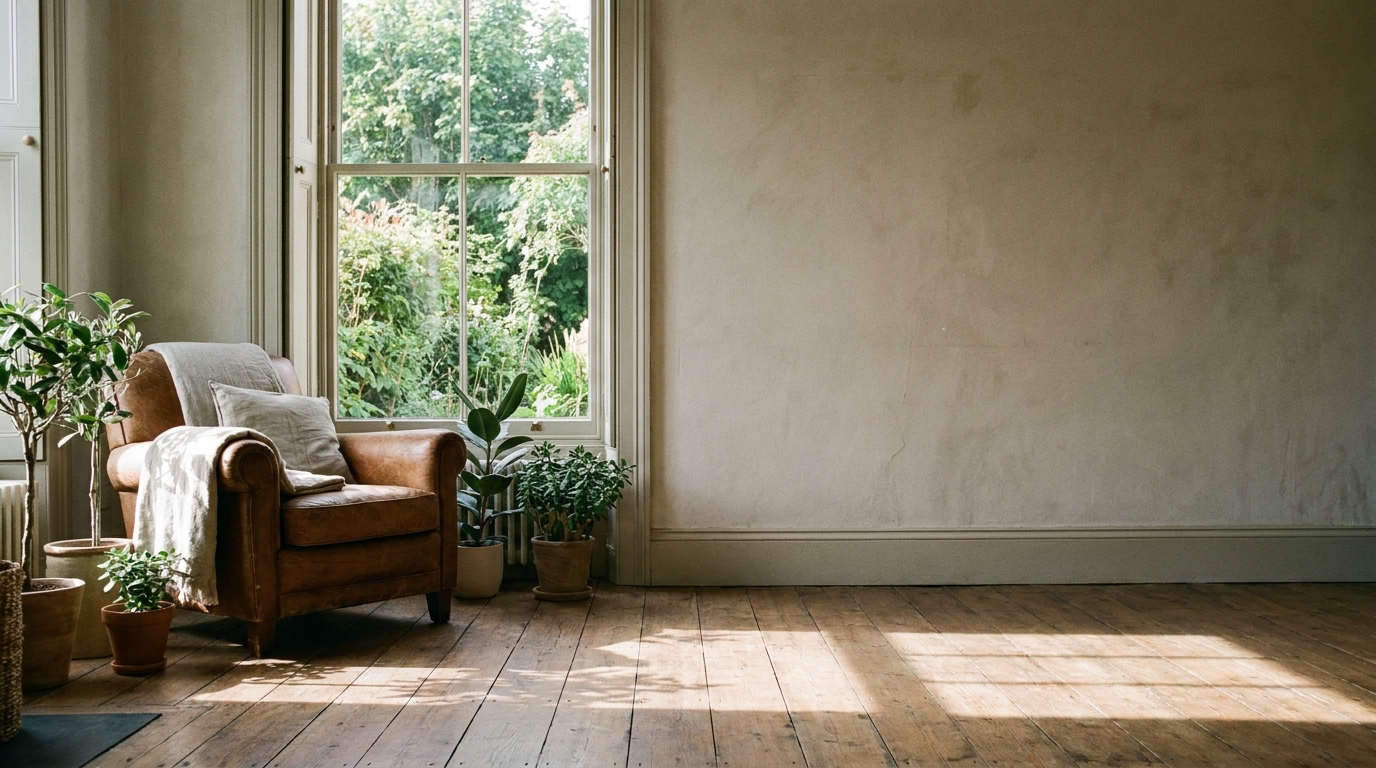Cozy reading nook with brown leather armchair and plants by sunlit window in rustic room